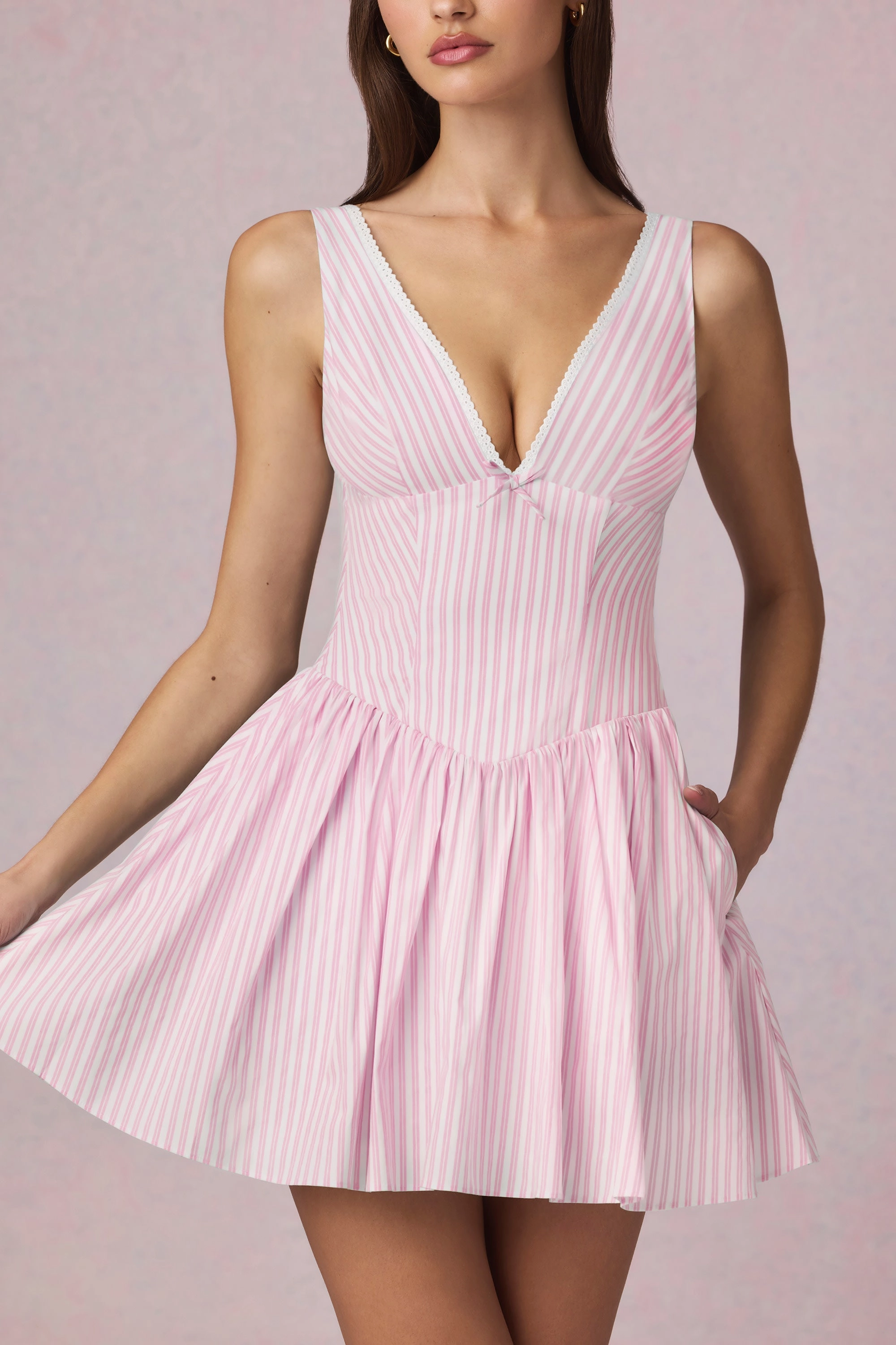 Bow-Detail A-Line Mini Dress in Soft Mauve Stripe