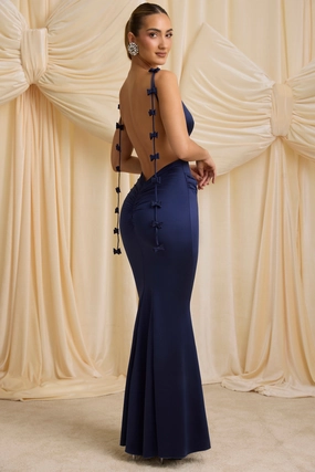 Bow-Detail Draped Open-Back Gown in True Navy Dresses - maxi dresses best price