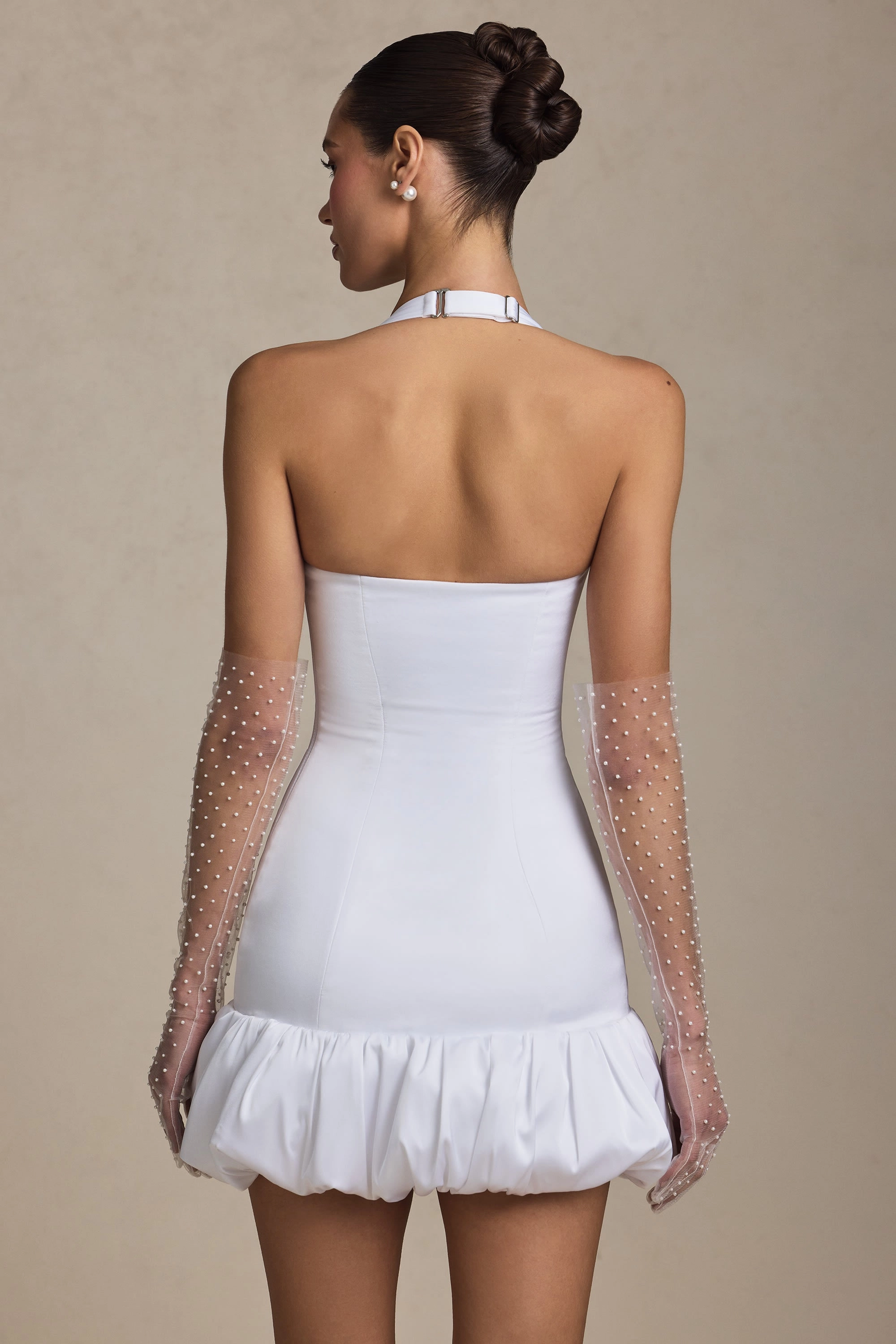 Bow-Detail Halterneck Bubble Hem Mini Dress in White