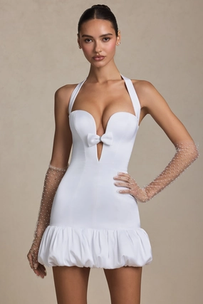 Bow-Detail Halterneck Bubble Hem Mini Dress in White Dresses - cocktail dresses sale