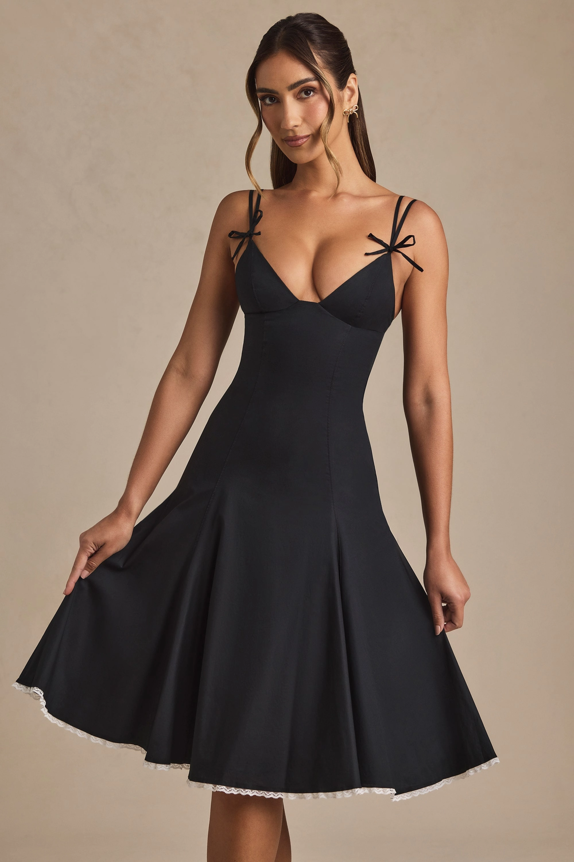 Bow-Detail Lace-Trim A-Line Midi Dress in Black Dresses - dresses on sale