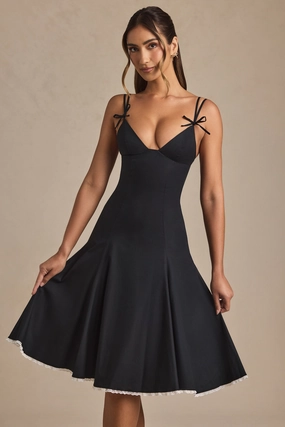 Bow-Detail Lace-Trim A-Line Midi Dress in Black Dresses - dresses on sale