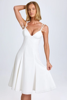 Bow-Detail Lace-Trim A-Line Midi Dress in White Dresses outlet online