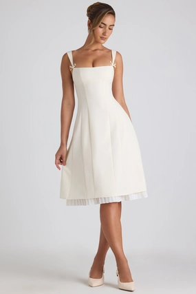 Bow-Detail Pleated A-Line Midi Dress in Ivory Dresses outlet online