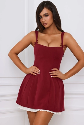 Bow-Detail Pleated A-Line Mini Dress in Berry Red shop for Dresses online