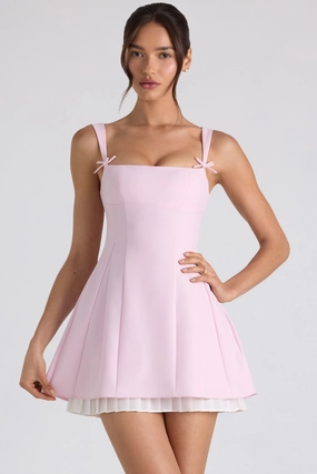 Bow-Detail Pleated A-Line Mini Dress in Soft Pink Dresses best price