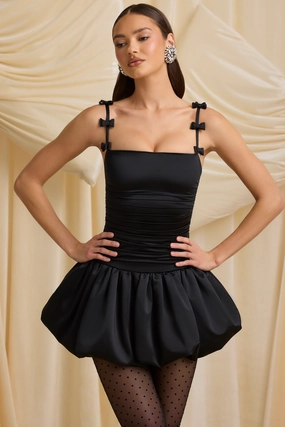 Bow-Detail Ruched Bubble Hem Mini Dress in Black cheap Dresses on sale