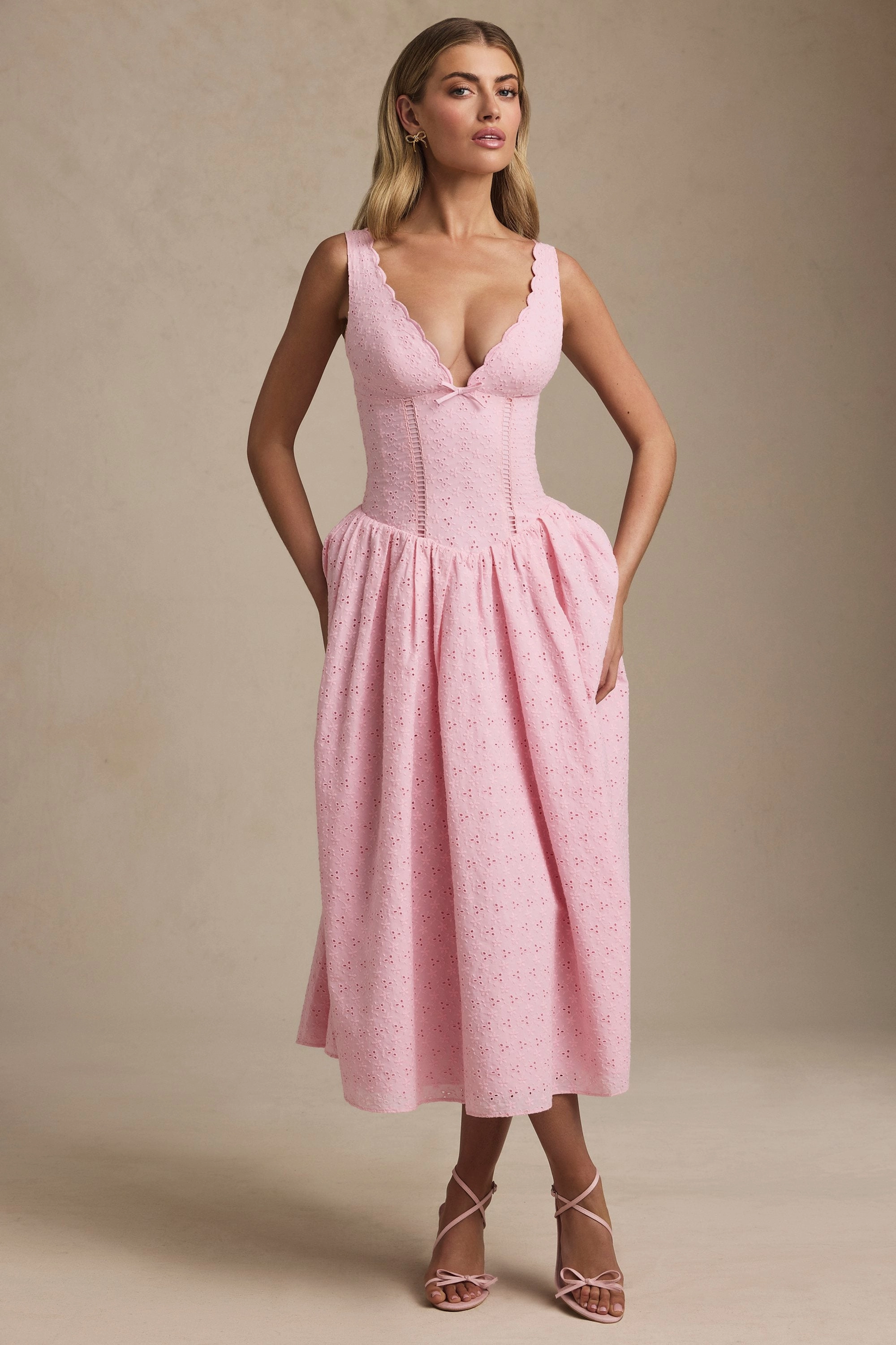 Broderie Anglaise Bow-Detail A-Line Midaxi Dress in Soft Pink