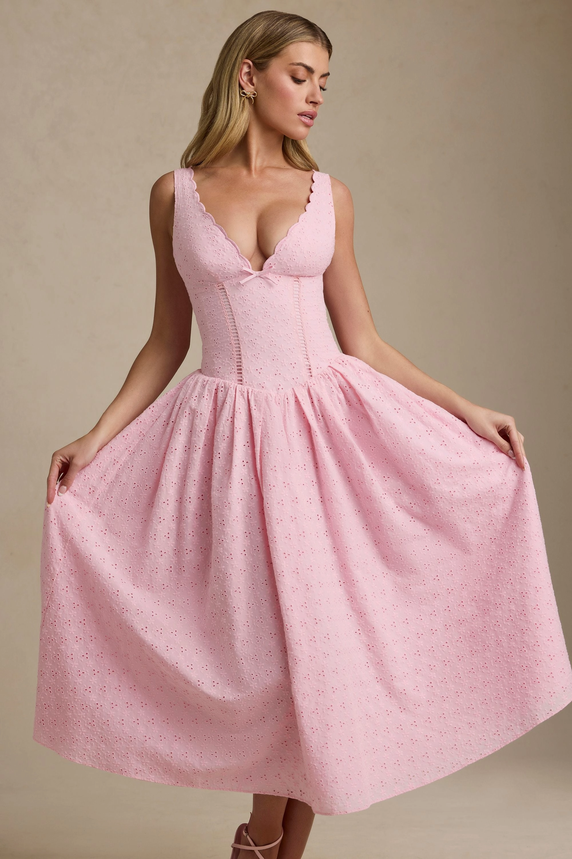 Broderie Anglaise Bow-Detail A-Line Midaxi Dress in Soft Pink Dresses best price