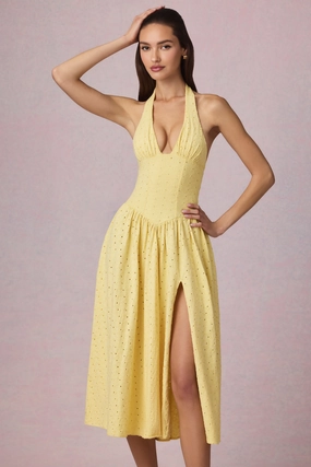 Broderie Anglaise Halterneck Midaxi Dress in Lemon Yellow Dresses - cocktail dresses sale