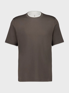 Brown Faux-Layered Cotton Crew-Neck T-Shirt Tops Mens - flannel shirts