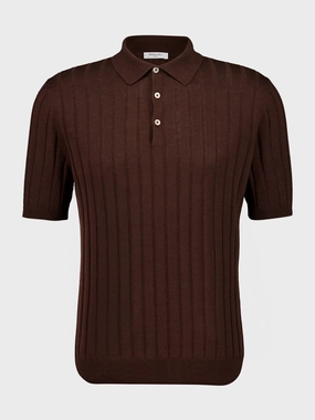 Brown Ribbed Linen-Cotton Polo Shirt Tops Mens - men's t-shirts outlet