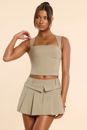 Brushed Twill Mid Rise Pleated Micro Mini Skirt in Taupe Bottoms Womens - women's pants clearance