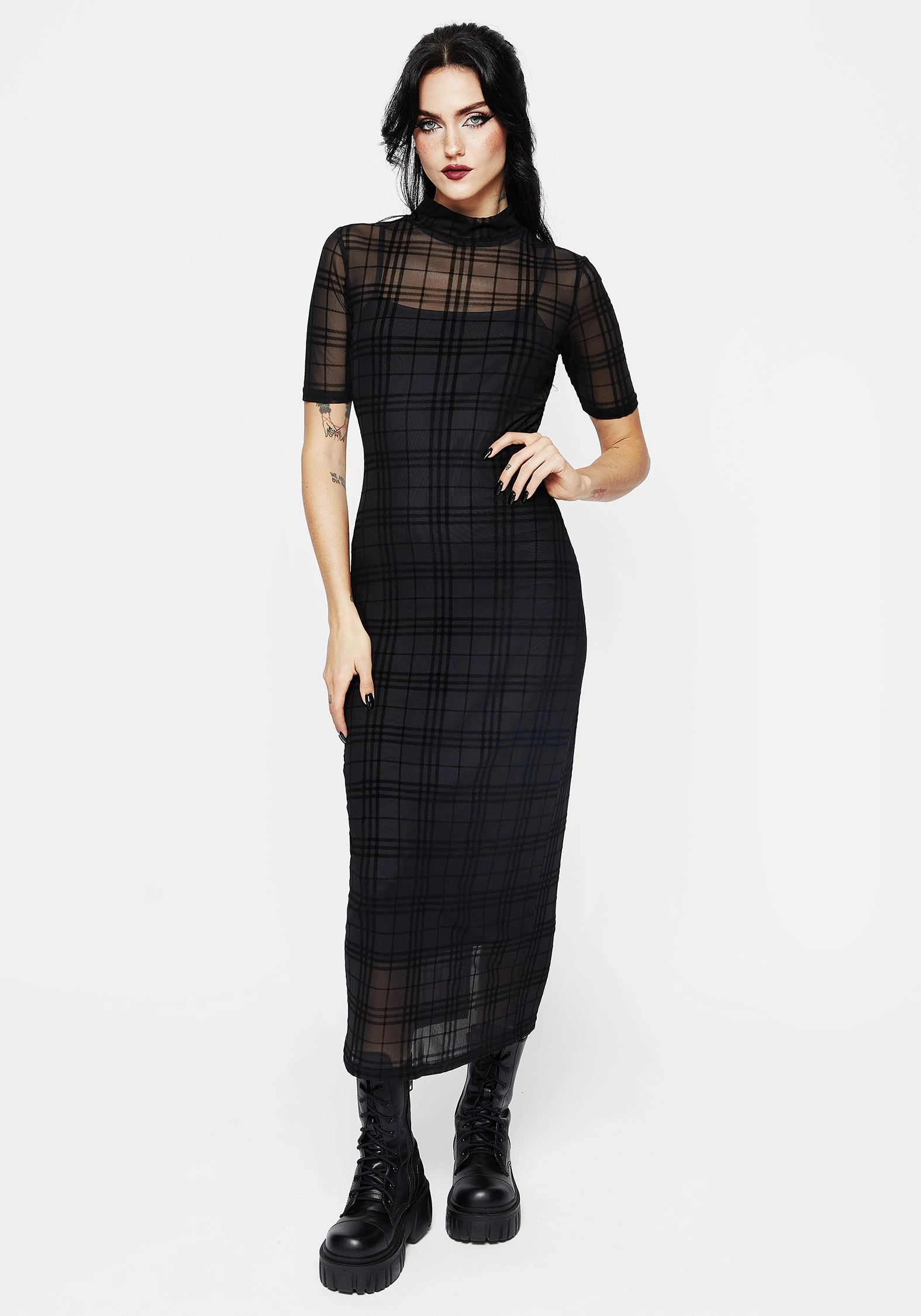 Buffy Flocked Velour Check Mesh Bodycon Midaxi Dress