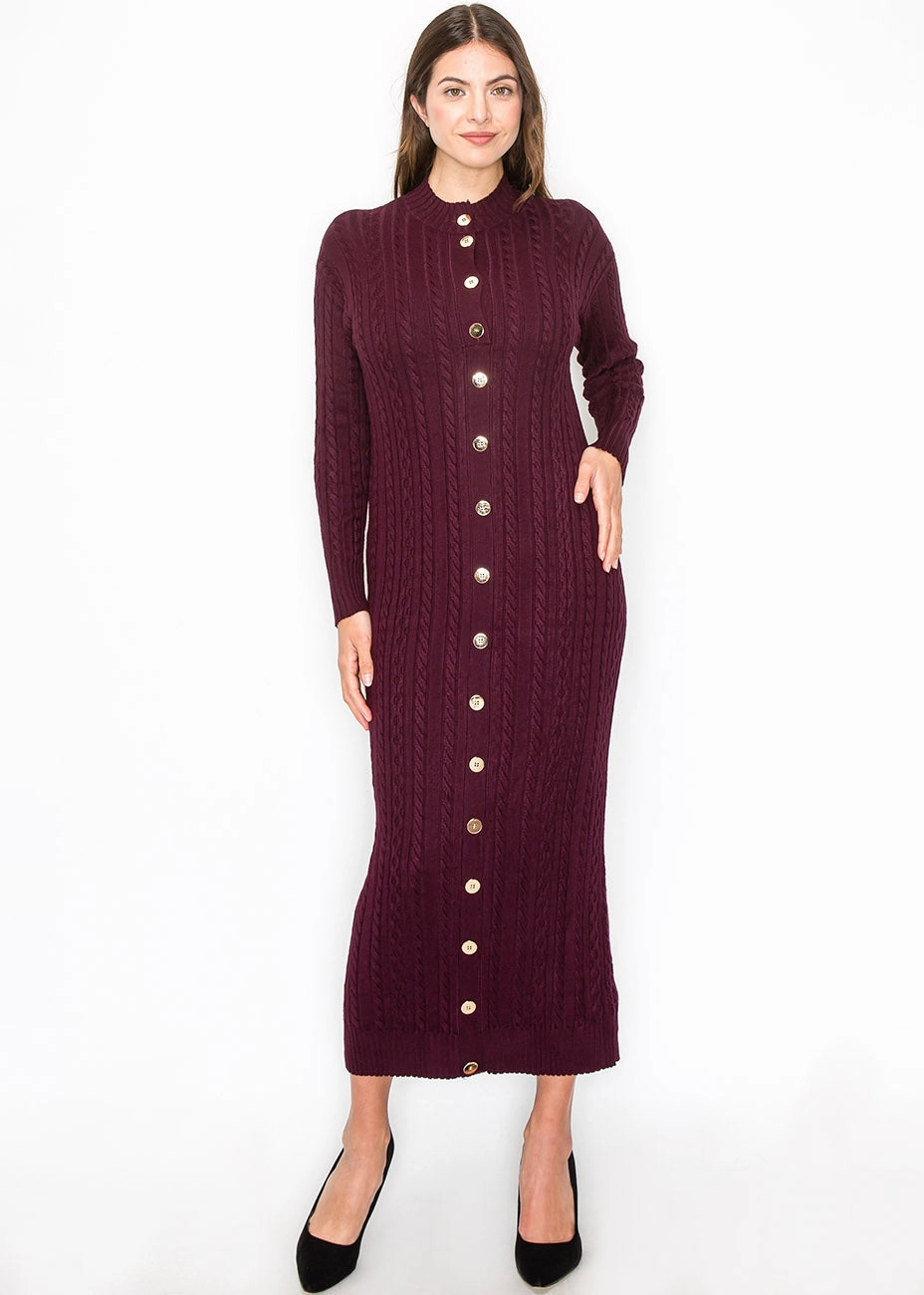 Burgundy Cable Knit Button-Down Dress