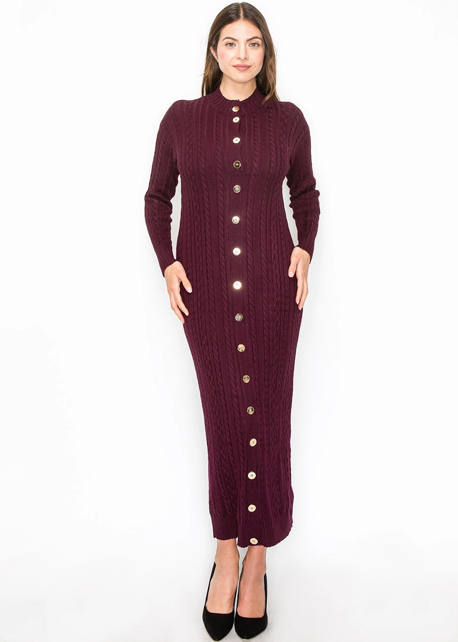 Burgundy Cable Knit Button-Down Dress