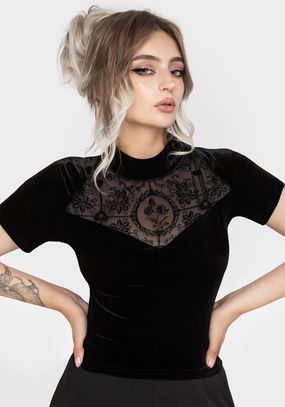Cameo Floral Flocked Mesh Velour High Neck Top Tops Womens - women's blouses clearance