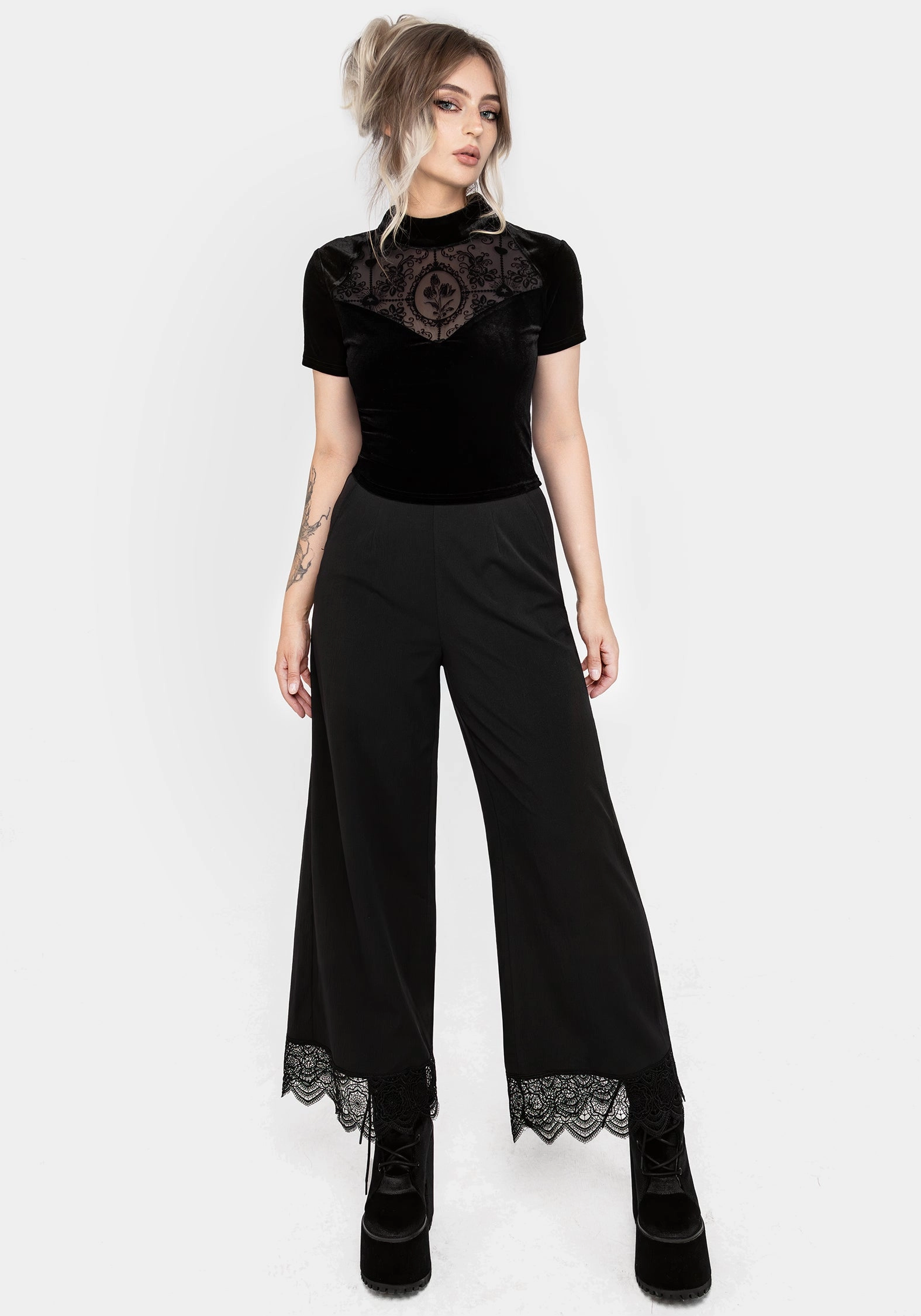 Cameo Floral Flocked Mesh Velour High Neck Top