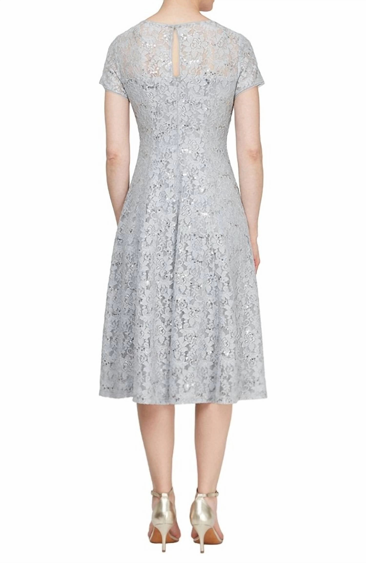 Cap Sleeve Tea Length Sequin Lace Dress In Silver