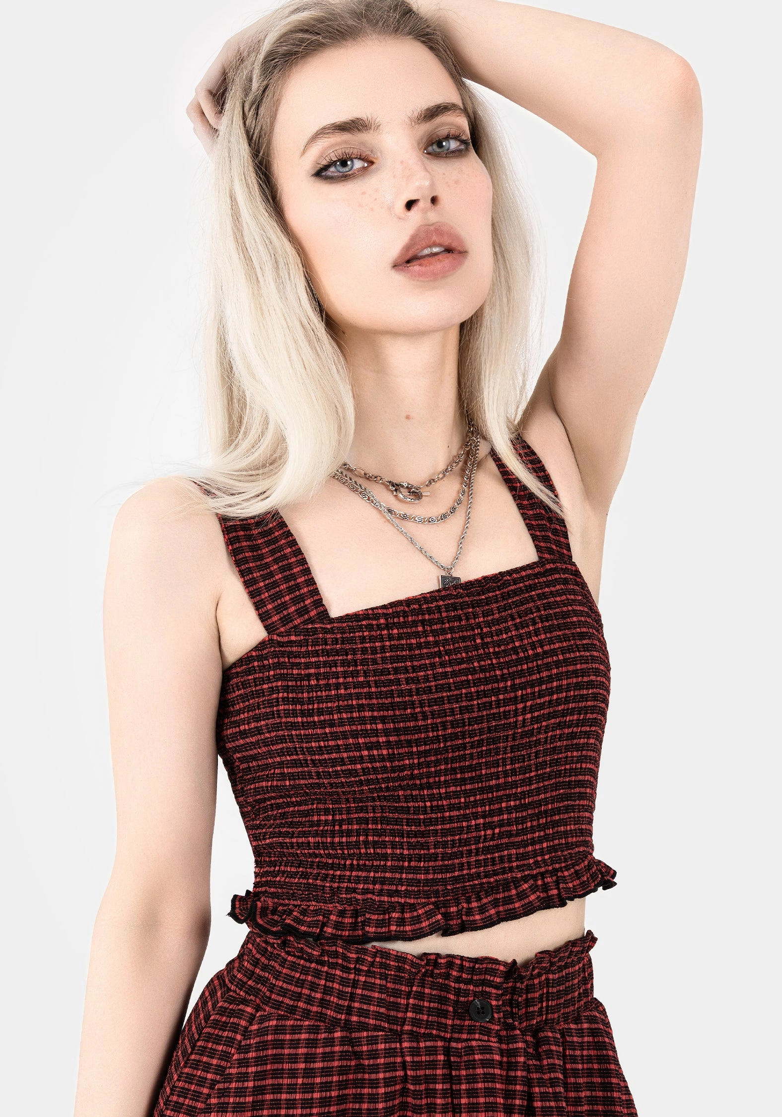 Carmine Textured Check Crop Top Tops Womens - women's blouses clearance