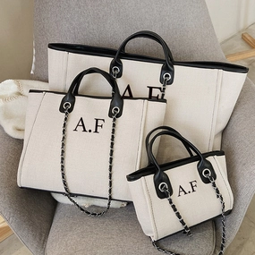 Carnaby London Personalised Initial Chain Tote Bag Ivory/Black Holiday Collection - holiday outfits clearance