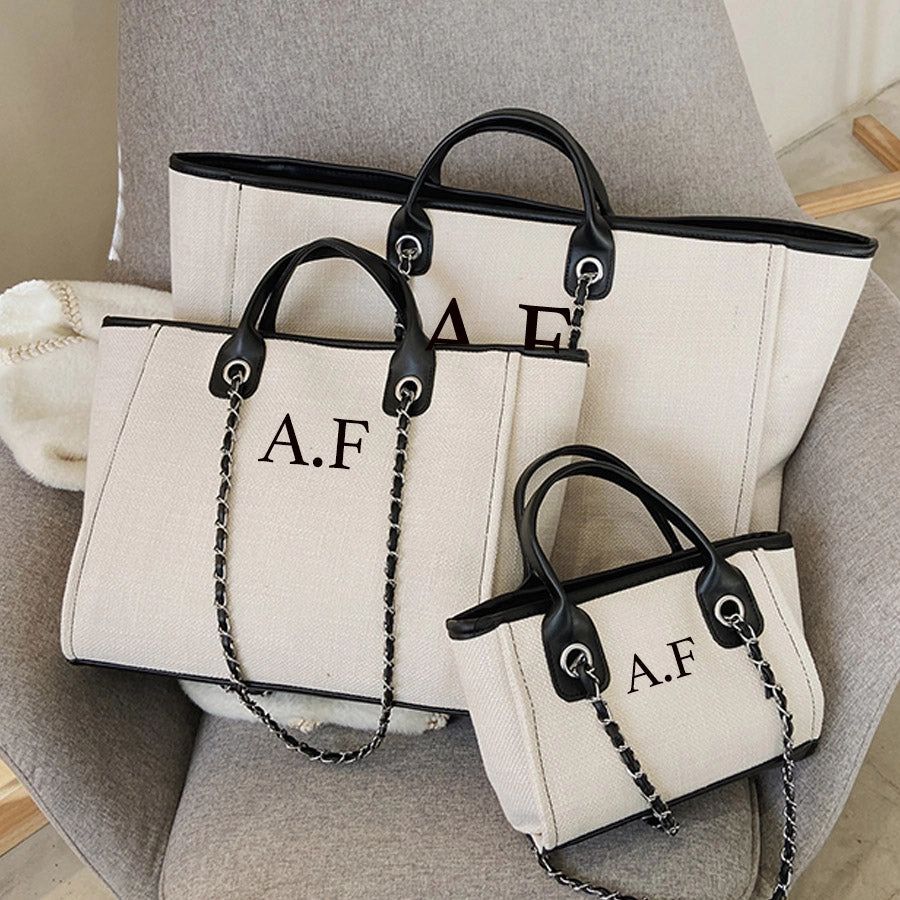 Carnaby London Personalised Initial Chain Tote Bag Ivory/Black Holiday Collection - holiday outfits clearance