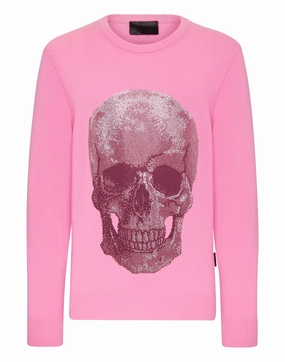Cashmere Pullover Round Neck LS Iconic Plein with Crystals chunky knit discount