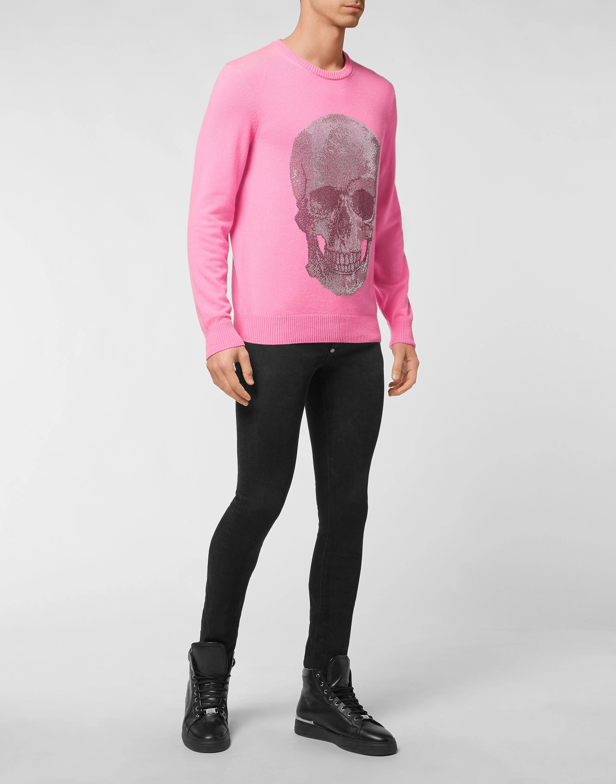 Cashmere Pullover Round Neck LS Iconic Plein with Crystals