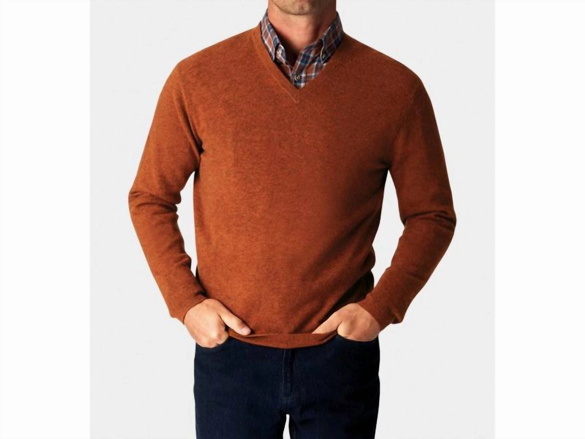 Cashmere V-Neck Pullover Sweater In Spice chunky knit discount