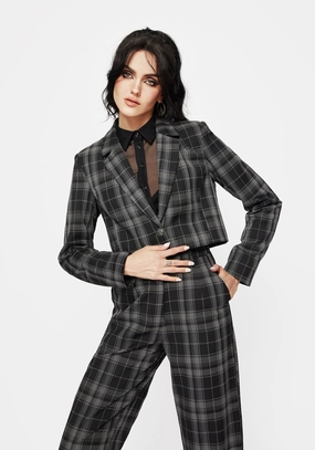 Checkmate Check Crop Blazer - Black Tops Womens - women's blouses clearance