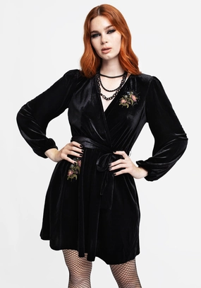 Cleome Floral Spiderweb Embroidered Velour Faux Wrap Mini Dress Dresses Womens - women's dresses clearance