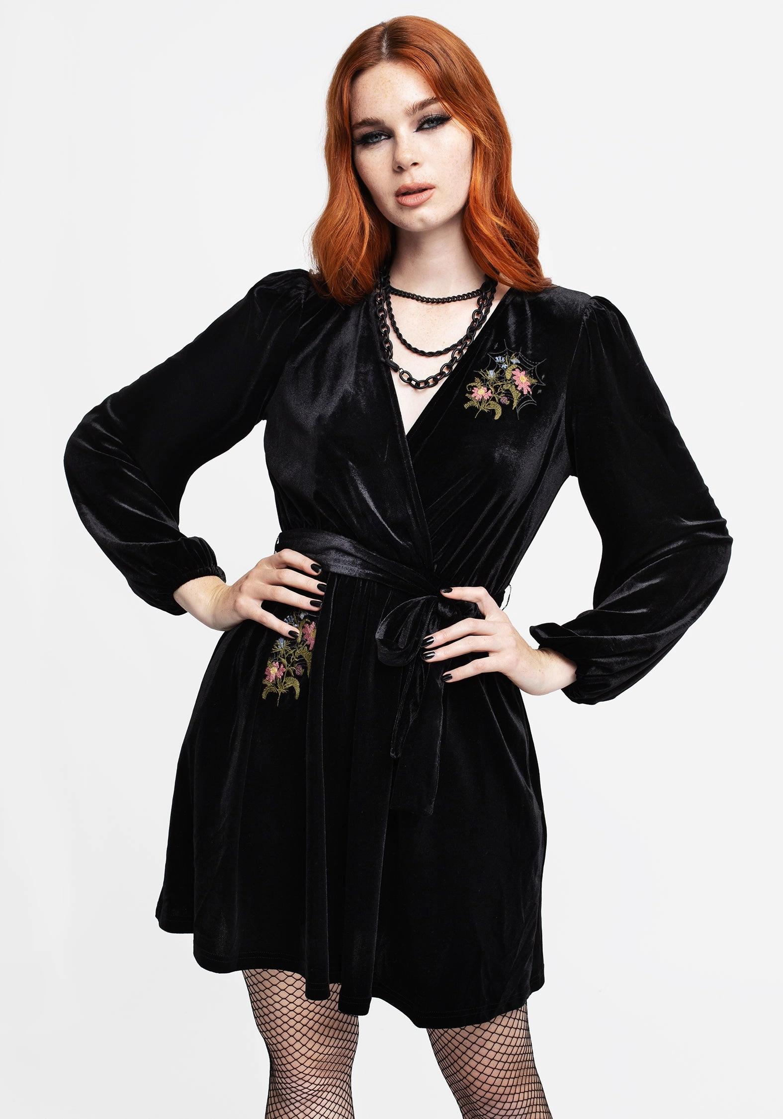Cleome Floral Spiderweb Embroidered Velour Faux Wrap Mini Dress Dresses Womens - women's dresses clearance