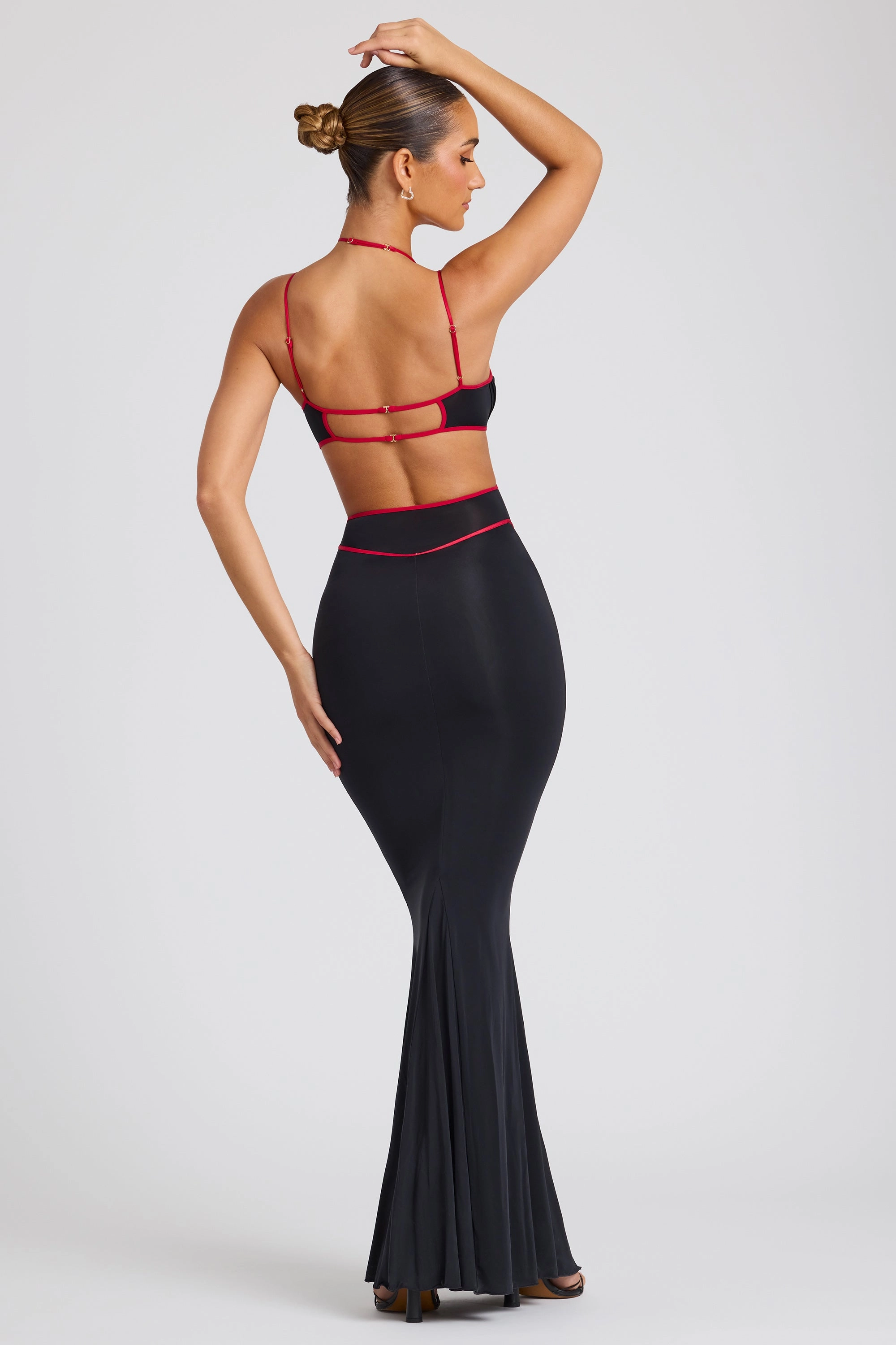 Contrast Binding Cut Out Evening Gown in Black