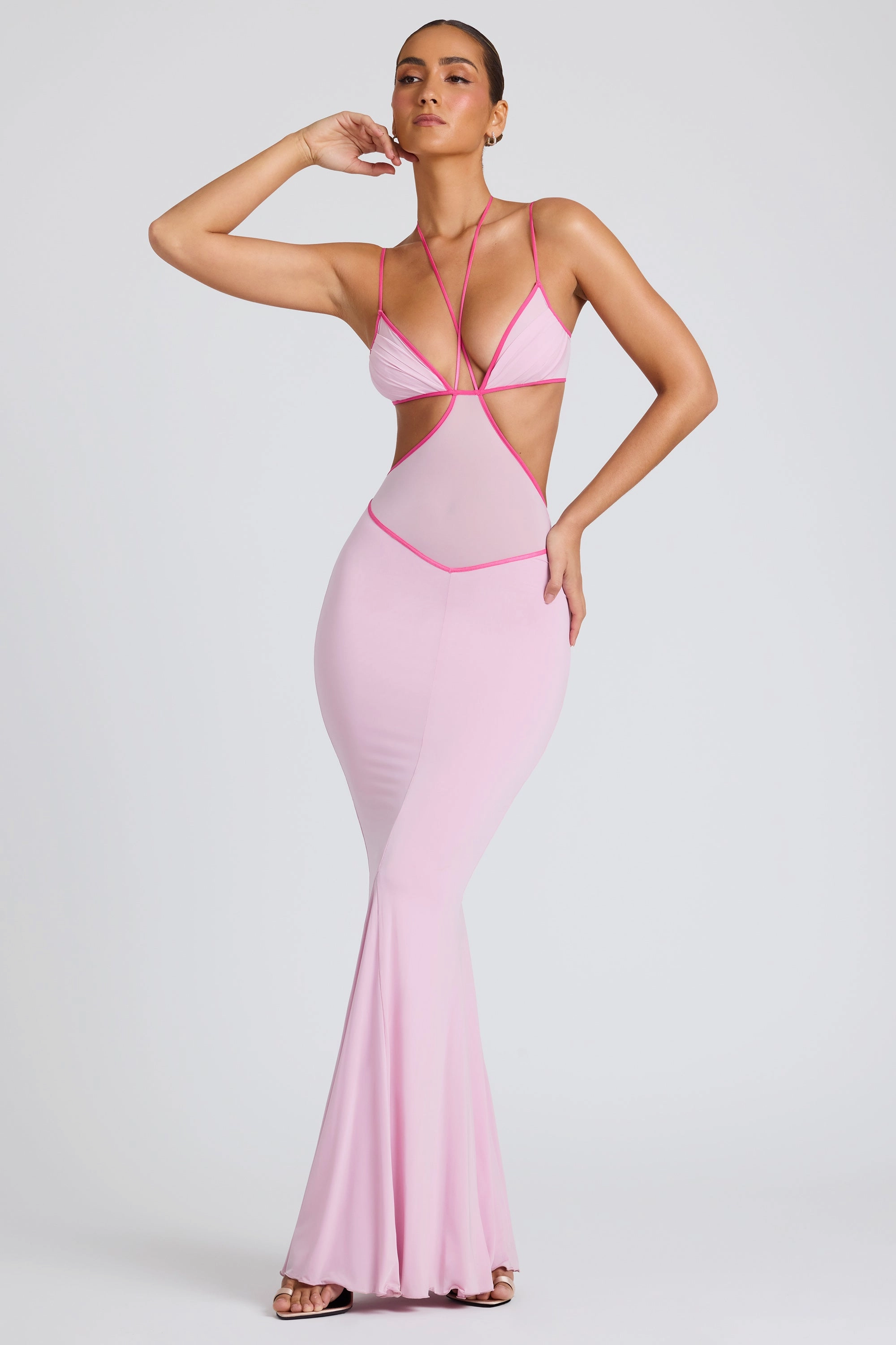 Contrast Binding Cut Out Evening Gown in Soft Pink