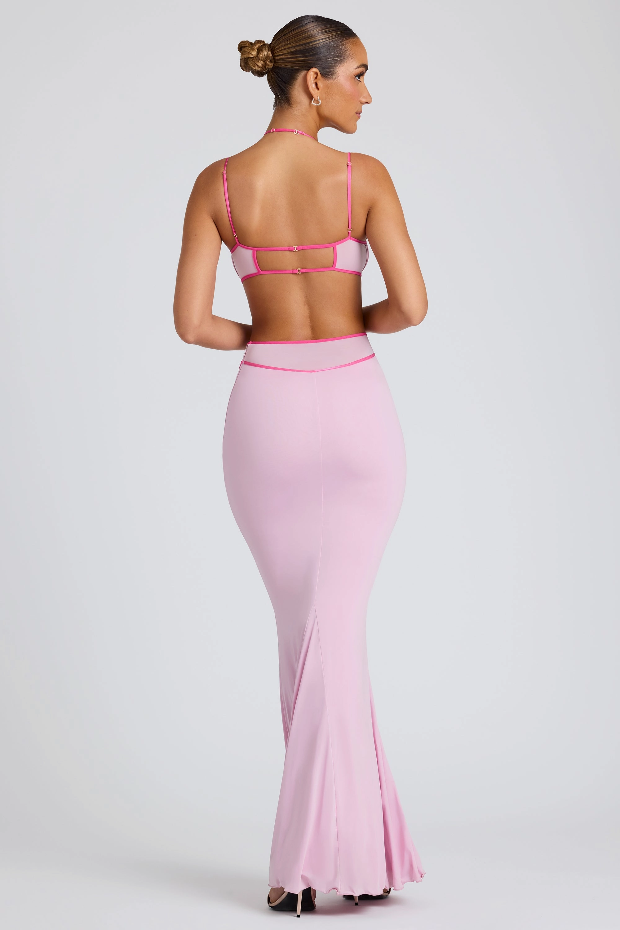 Contrast Binding Cut Out Evening Gown in Soft Pink