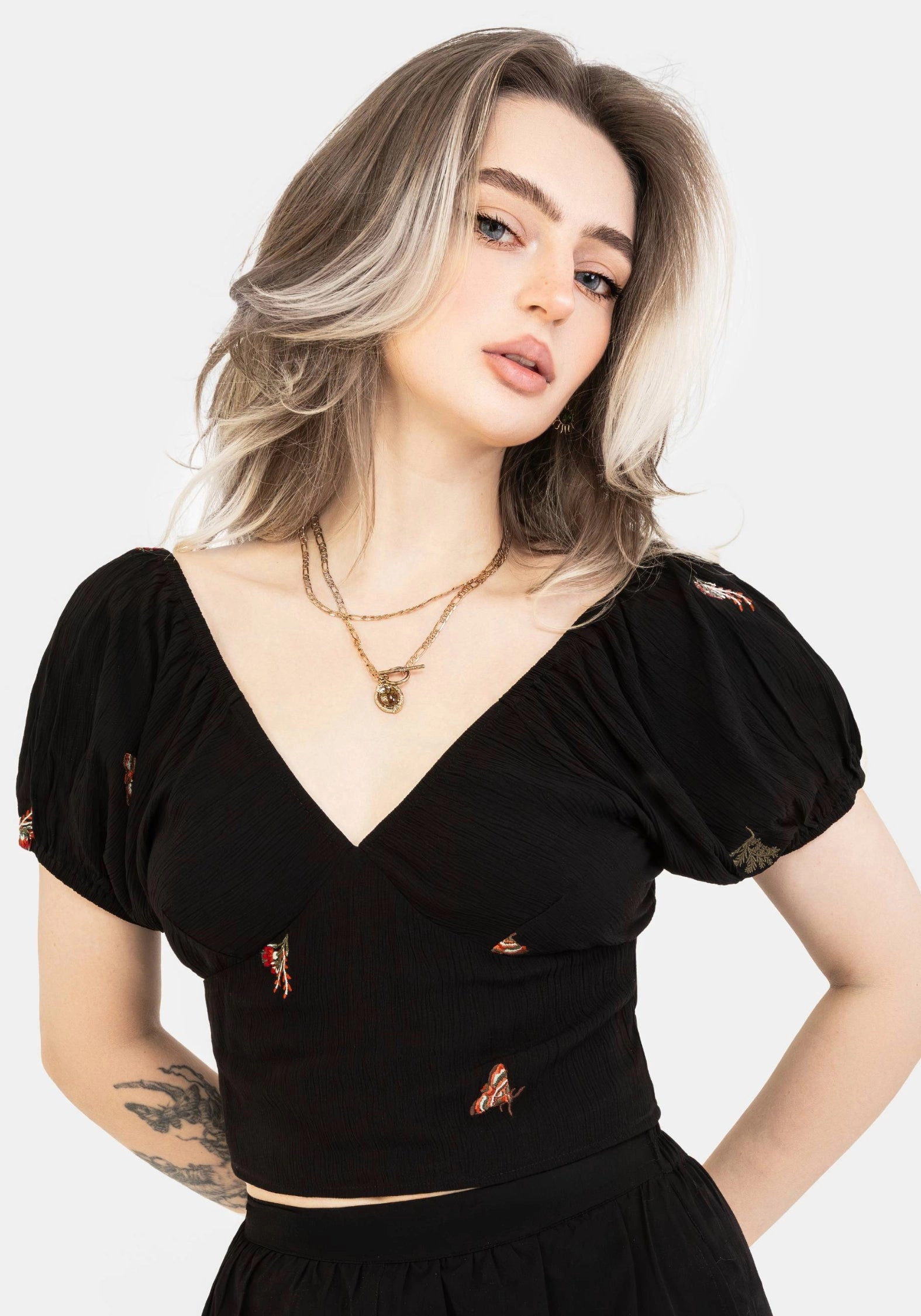 Copia Moth Embroidered Cotton Puff Sleeve Top Tops Womens - women's blouses clearance