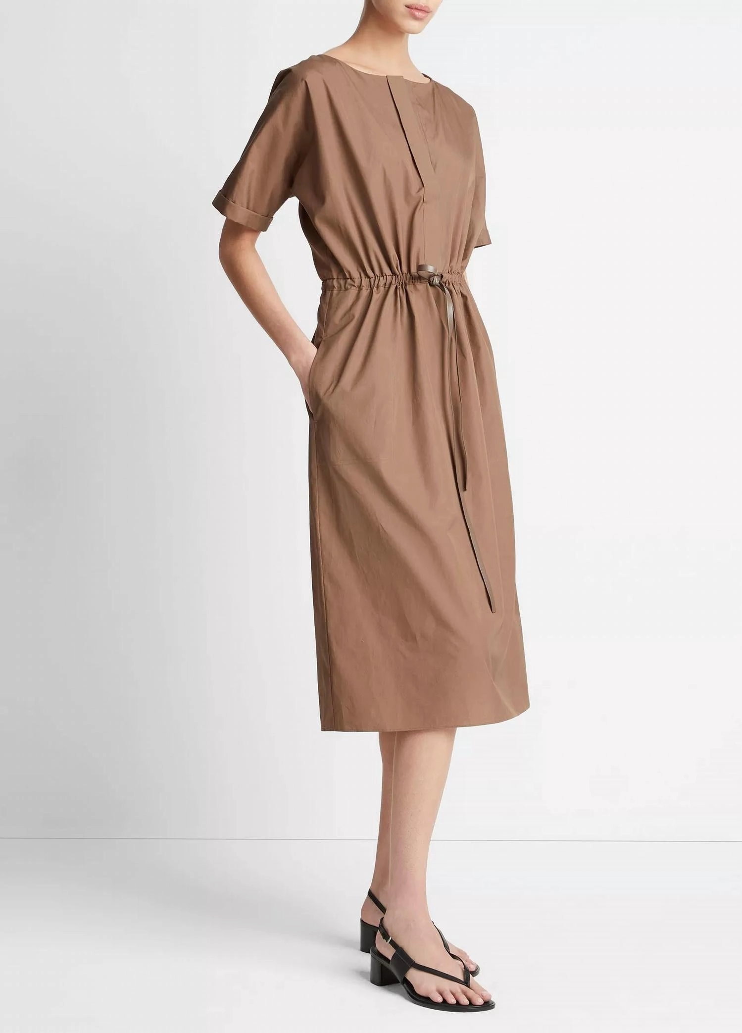 Cotton Belted Dolman Sleeve Dress In Earthen