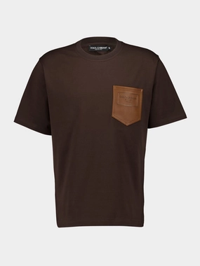 Cotton T-Shirt with Leather Pocket Tops Mens - flannel shirts