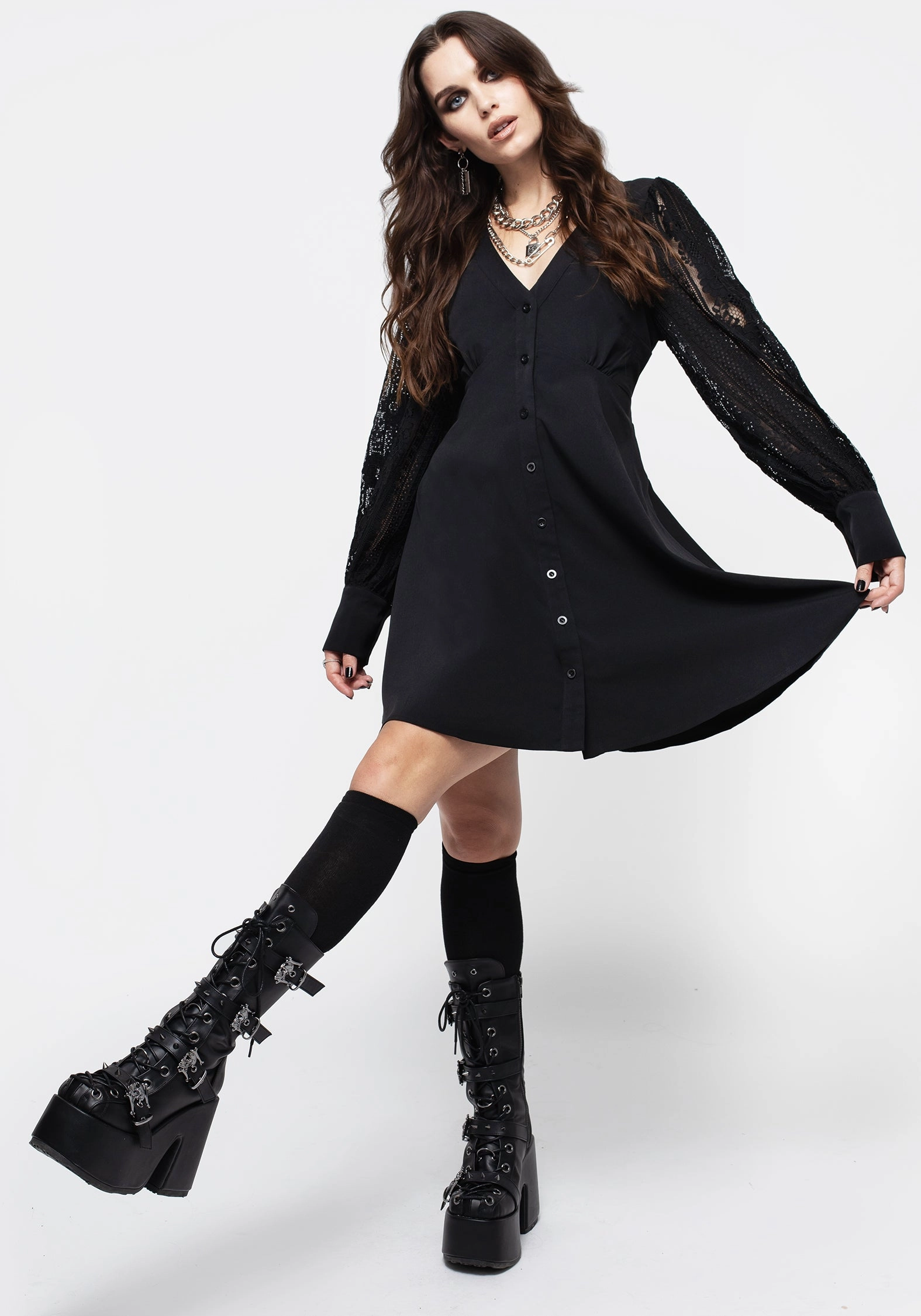 Covenant Lace Sleeve Button Up Mini Dress Dresses Womens - women's dresses clearance