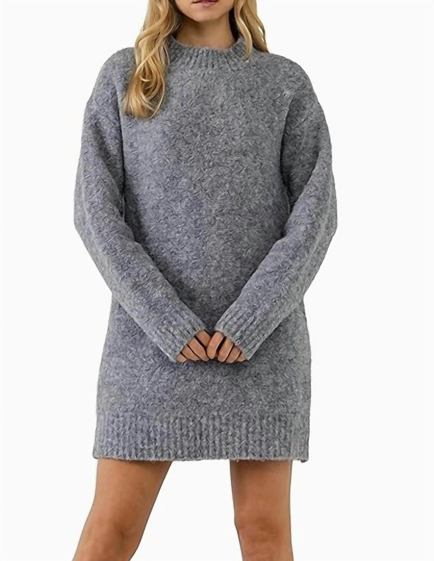Cozy Round Neck Sweater Dress In Grey
