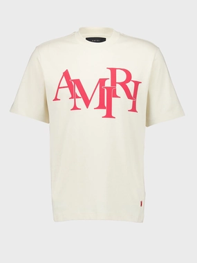 Cream Staggered Logo T-Shirt Tops Mens - flannel shirts