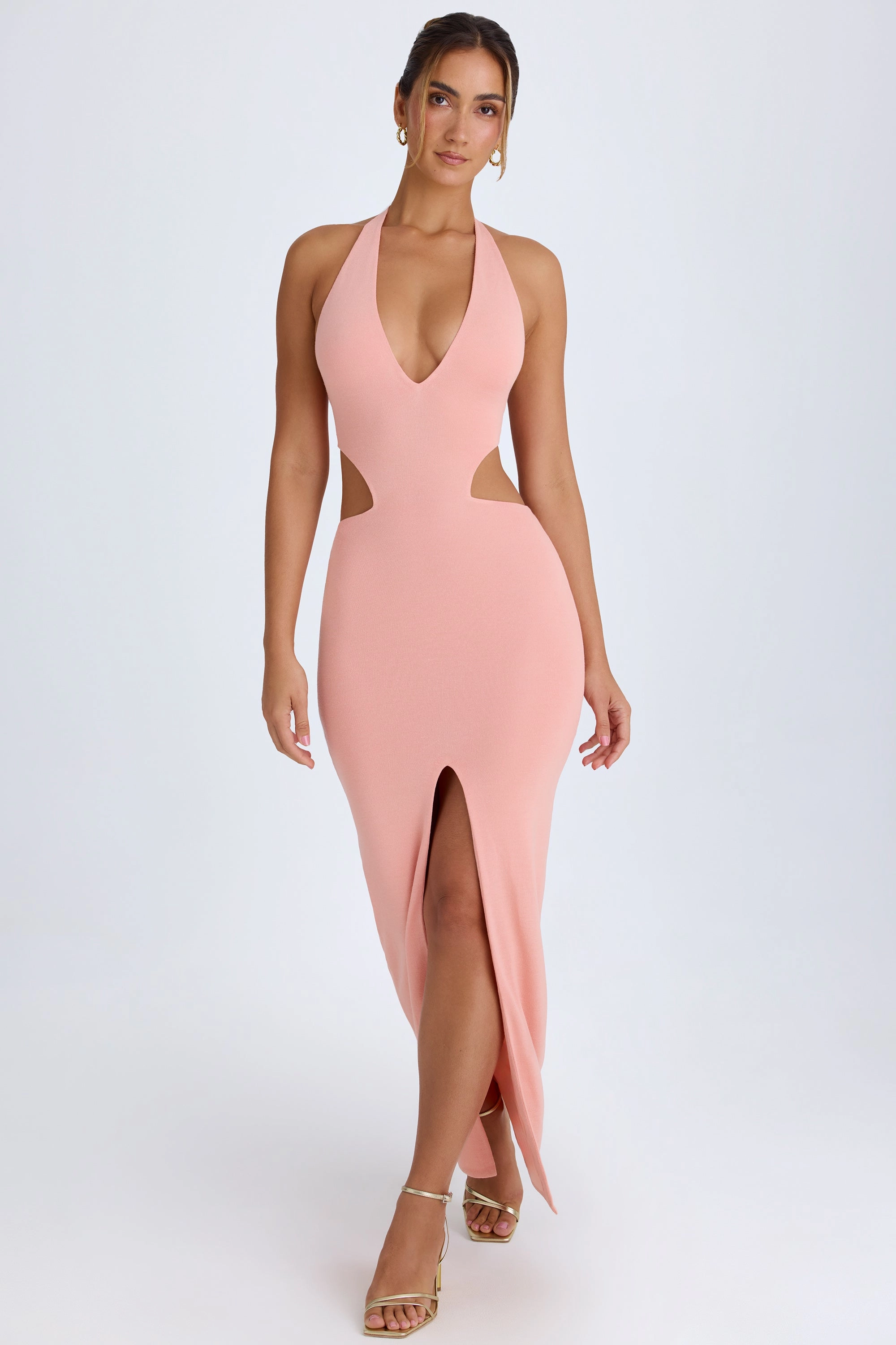 Cut-Out Halterneck Maxi Dress in Apricot Pink