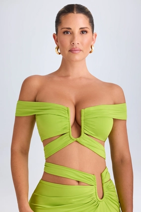 Cut-Out Off-Shoulder Crop Top in Lime Green Tops - tops on sale