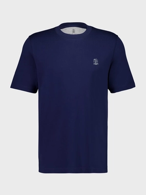 Dark Blue Cotton Crew-Neck T-Shirt with Logo Tops Mens - flannel shirts