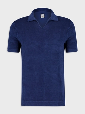 Dark Blue Peter Terry Knit Cotton Polo Tops Mens - men's t-shirts outlet