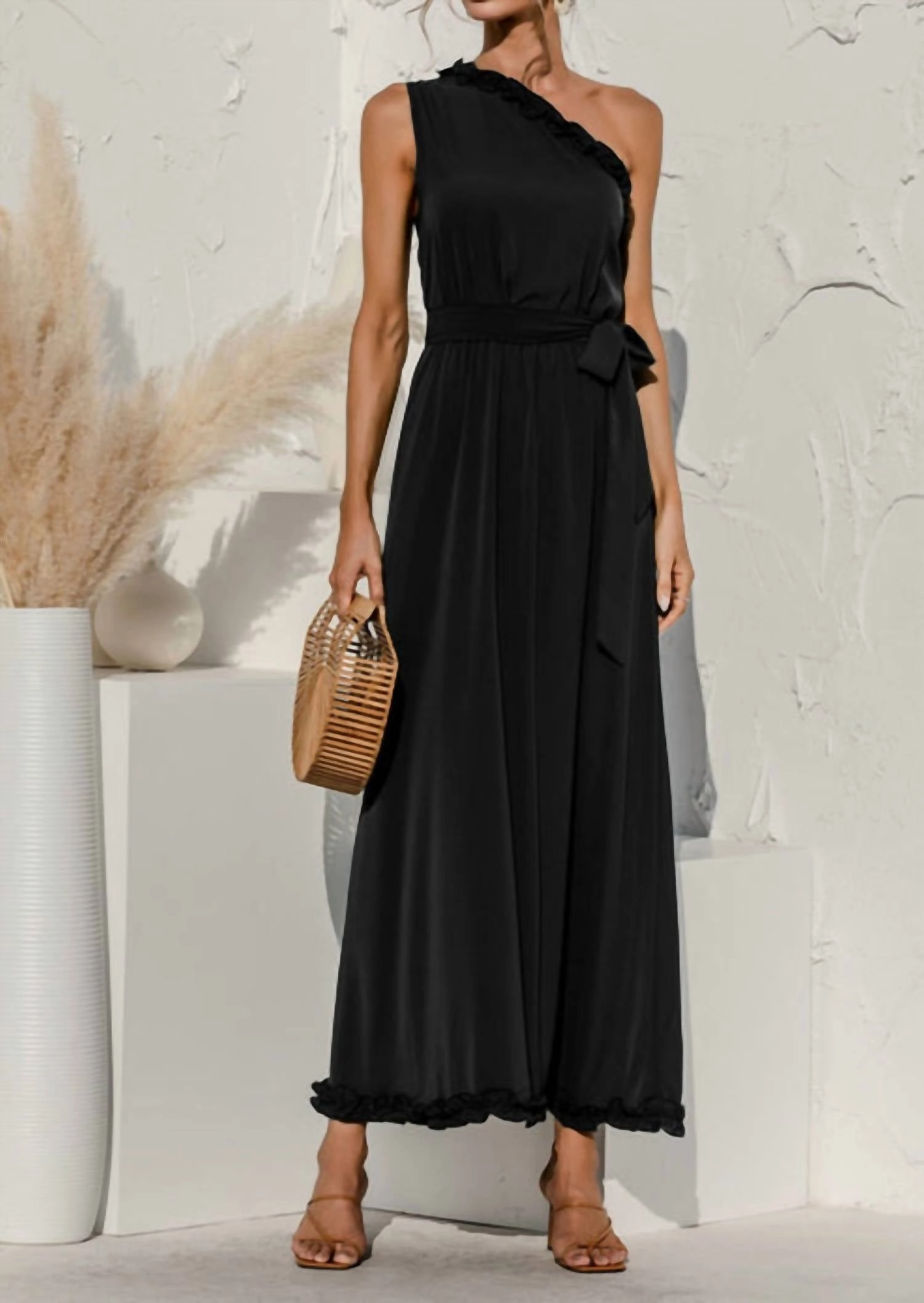 Date Night One Shoulder Maxi Dress In Black