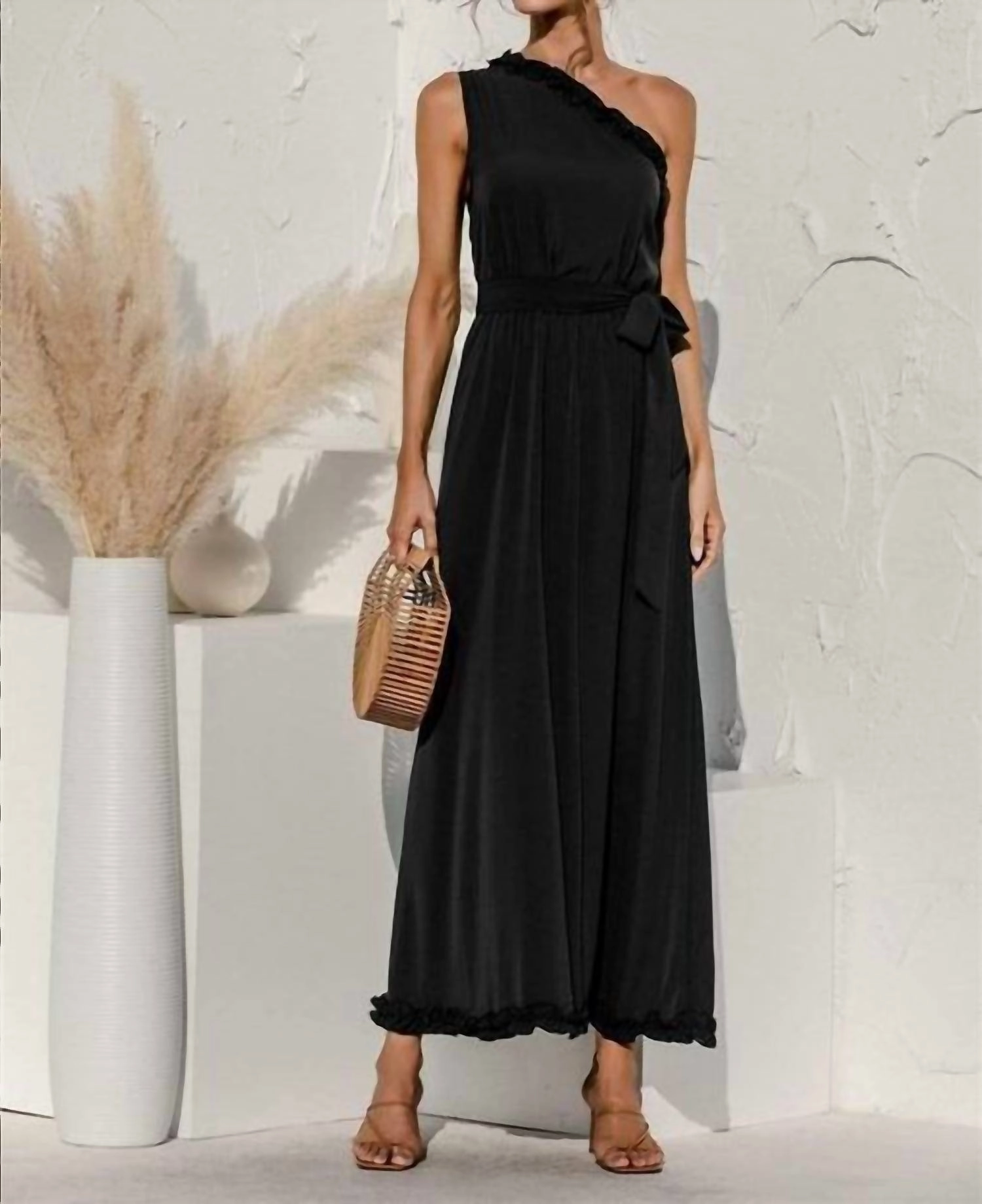Date Night One Shoulder Maxi Dress In Black