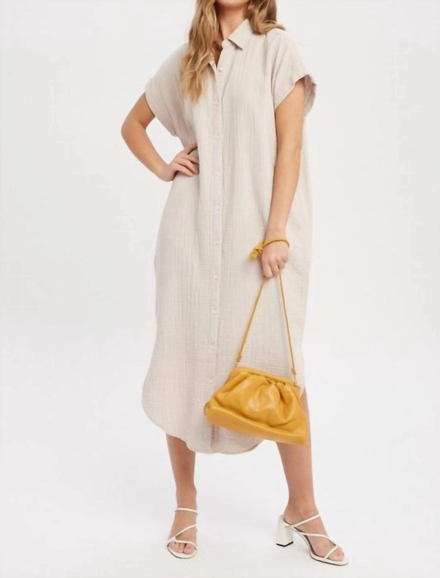 Dawn Button Down Gauze Dress In Stone