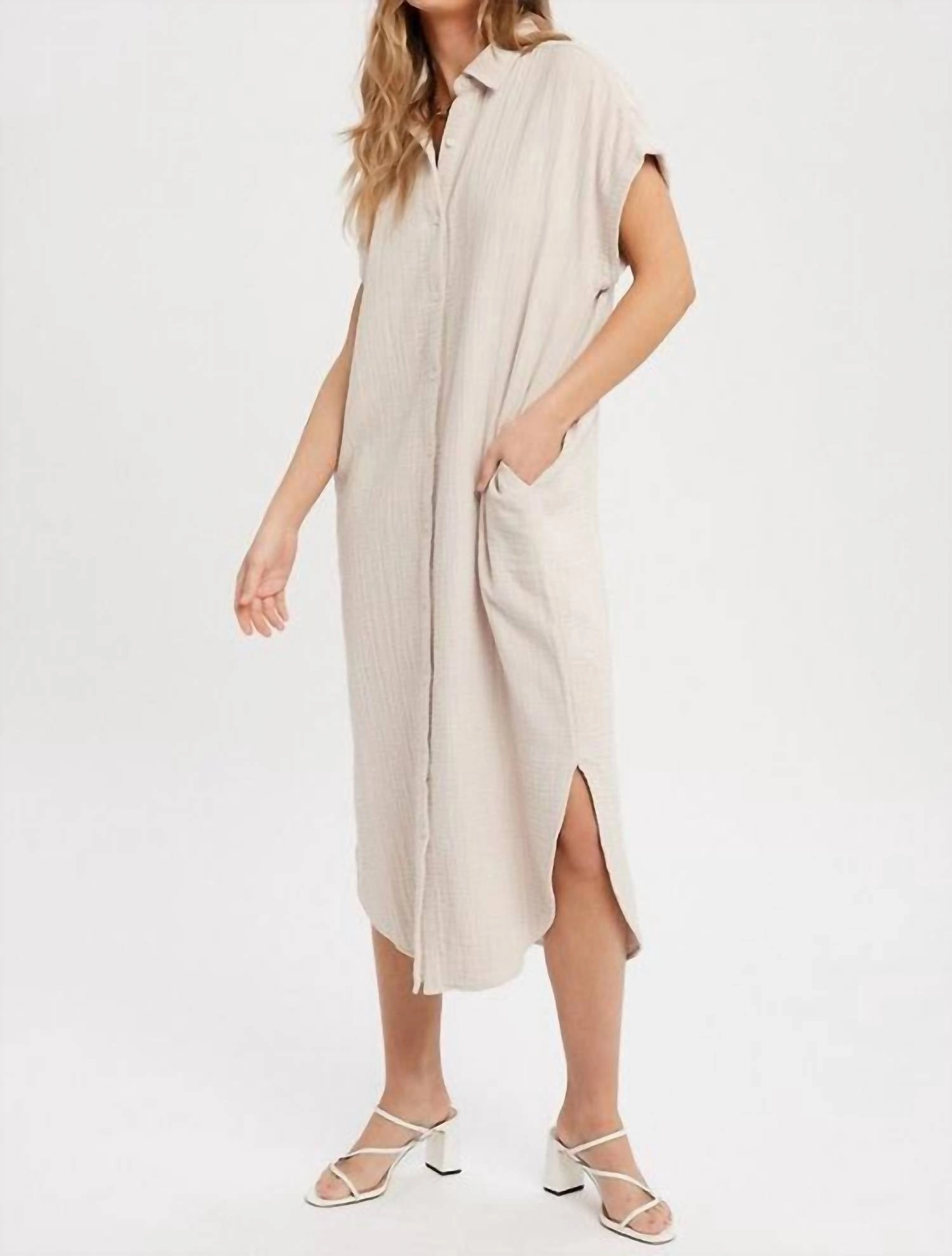 Dawn Button Down Gauze Dress In Stone