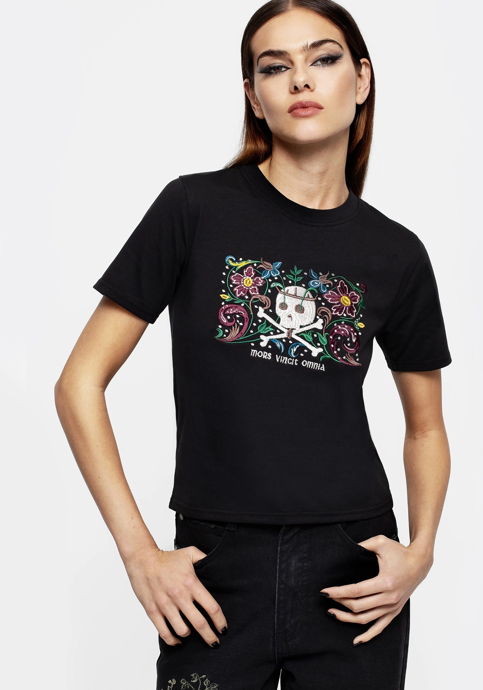 Death Conquers All Floral Skull Embroidered Graphic Crop Tee Tops Womens - women's blouses clearance